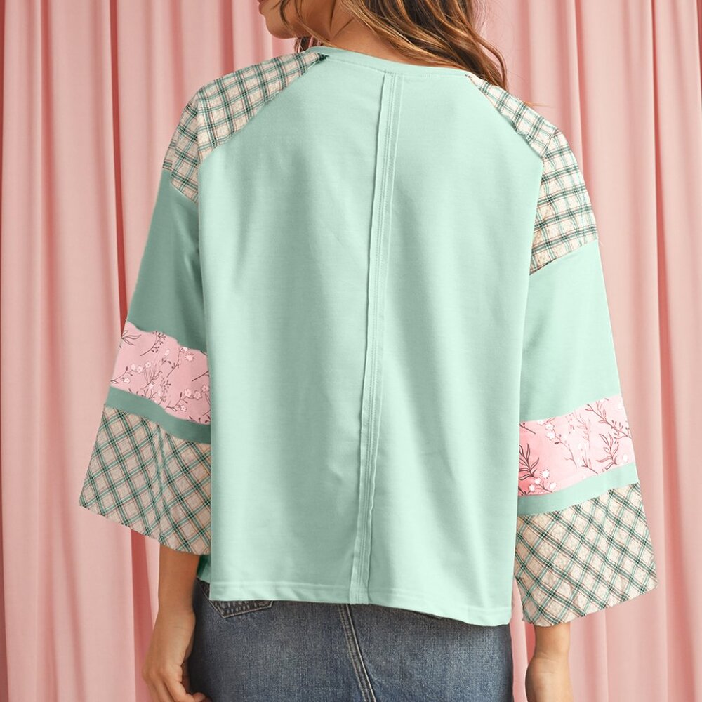 B216 Aqua Plaid Floral Patchwork Heart Long Sleeve Top - Picture 5 of 5